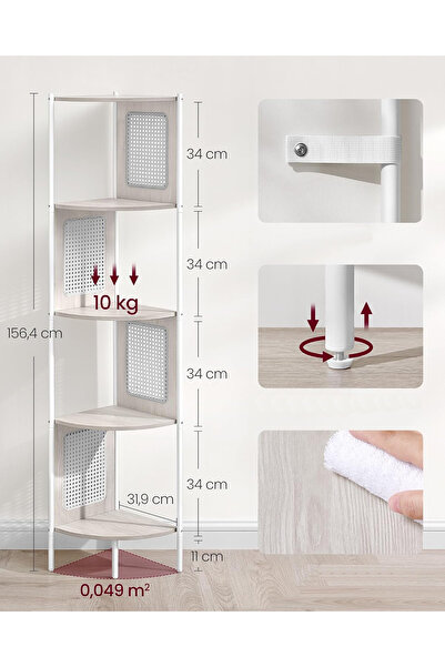 VASAGLE Boho Corner Shelf, Metal Frame, MDF Shelves and Poly Rattan Panels, 32x32x156cm, White