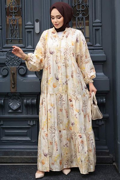 N.S NEVA STYLE Patterned Beige Hijab Dress 710504Bej
