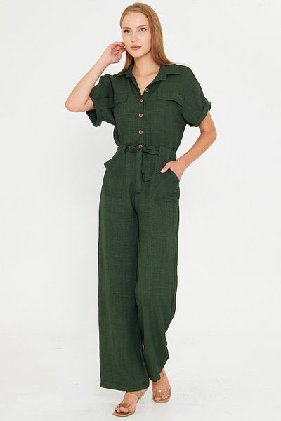 armonika Women's Khaki Front Buttoned Waist Belted Pocket Bat Sleeve Palazzo Jumpsuit Arm-24Y001105
