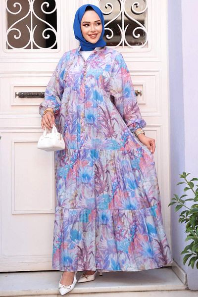 N.S NEVA STYLE Patterned Blue Hijab Dress 710512m