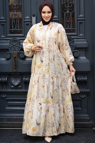 N.S NEVA STYLE Patterned Beige Hijab Dress 710504Bej