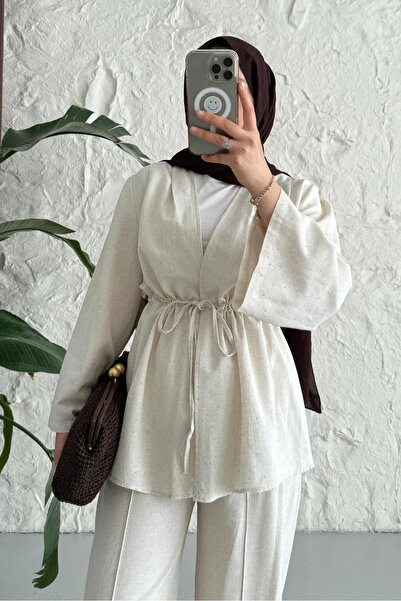 AKSİS Taşlı Bol Paça Pantolonlu Tünel Bağcıklı Kimono saade gömlek