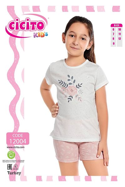 Cicito Girls' Cotton Crew Neck Short Sleeve Shorts Bottom-Top Set 12004
