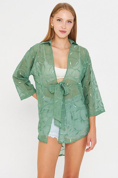 armonika Women's Light Green Front Tie Kimono Shirt Arm-25Y001108