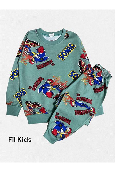 elmas kids Boys' Cotton Green Color Puffer Patterned Long Sleeve Winter Pajama Set