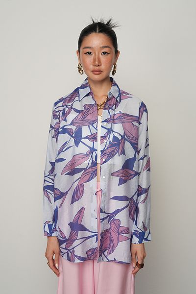 Orfeo Negro Women's Blue-Purple Color Leaf Patterned Oversize Cut Shirt
