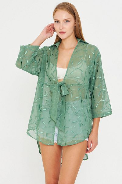 armonika Women's Light Green Front Tie Kimono Shirt Arm-25Y001108