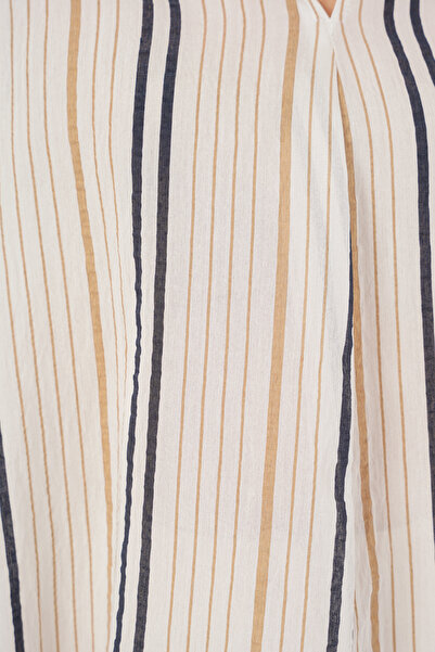 buğrahayalin Women's V-Neck Oversize Striped Beige Blouse