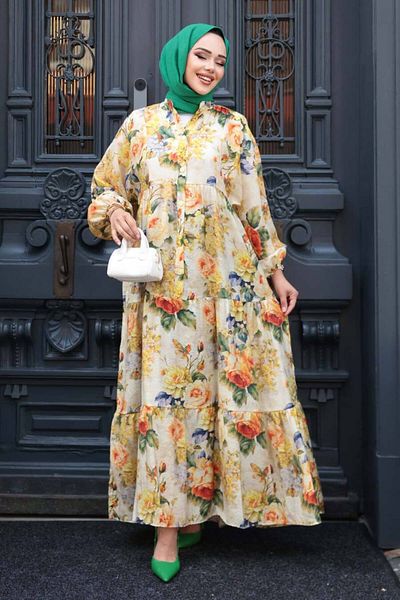 N.S NEVA STYLE Patterned Mustard Hijab Dress 710513Hr