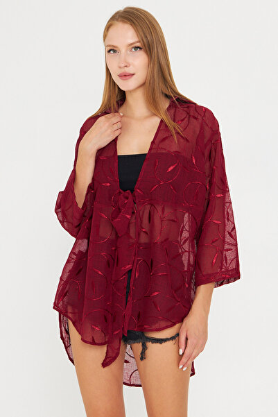 armonika Women's Burgundy Front Tie Kimono Shirt Arm-25Y001108