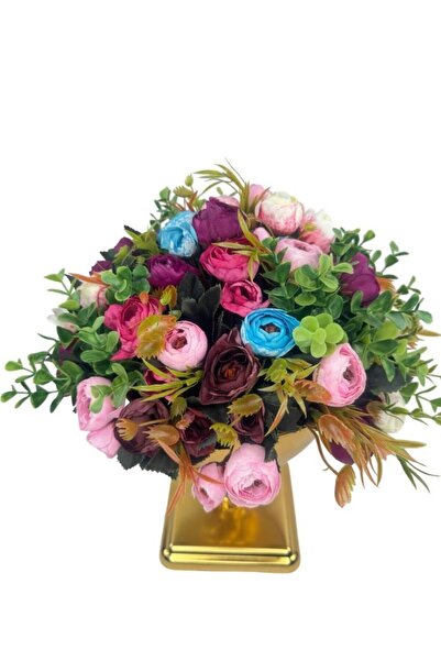 Nettenevime Yapay Çiçek Aranjmanı Erengüllü Altın Renk Metal Burgulu Vazolu Arajman Nişan Kız İsteme Çiçeği