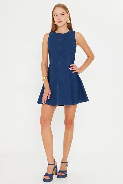 armonika Women's Navy Blue Body Fitting Denim Flared Dress Arm-25Y001088