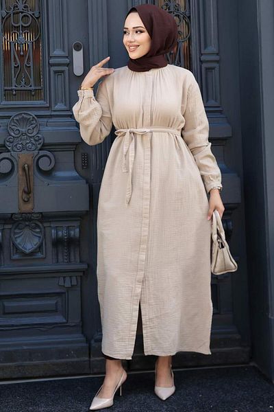 N.S NEVA STYLE Buttoned Beige Hijab Tunic 19045Bej