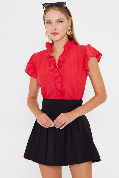 armonika Women's Red Collar and Ruffled Sleeves Blouse Arm-25Y001063