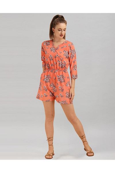 iza Orange Coloured Crepe Printed Jump Suit