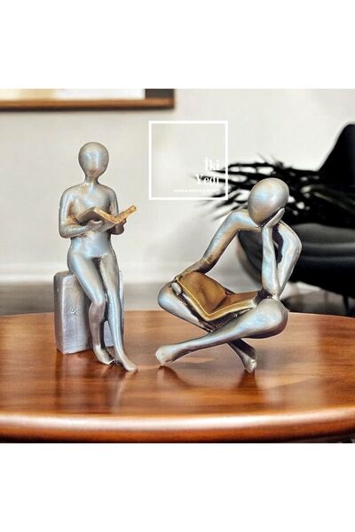 77 Chidau 77-1 Kitap Okuyan Çift Biblo Seti Gümüş Renk – Dekoratif Obje, Ev v...