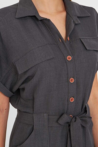 armonika Women's Dark Gray Front Buttoned Waist Belted Pocket Bat Sleeve Palazzo Jumpsuit Arm-24Y001105