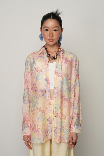 Orfeo Negro Women's Yellow Color Leaf Patterned Oversize Cut Shirt
