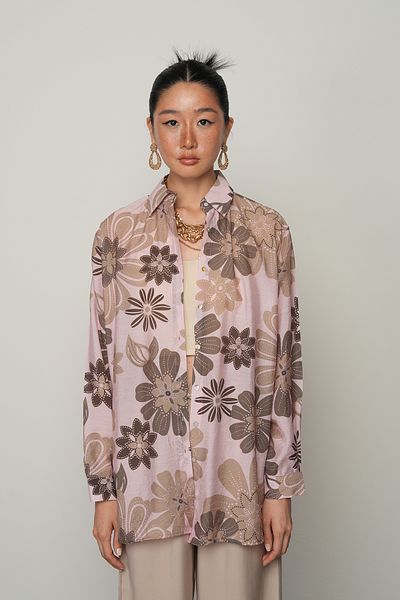 Orfeo Negro Women's Powder Color Flower Patterned Oversize Cut Shirt