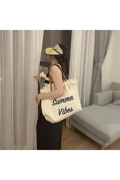 Leexo Canvas beach bag with Summer Vibes print, 36x50x14 cm, White