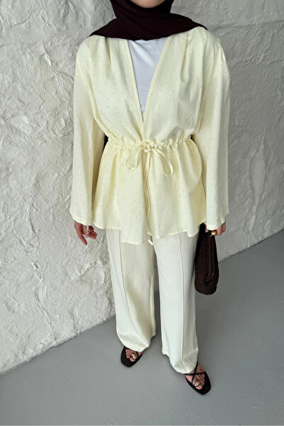 AKSİS Taşlı Bol Paça Pantolonlu Tünel Bağcıklı Kimono Takım