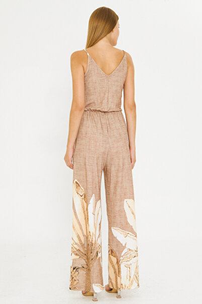 armonika Women's Beige Front Back V Strap Jumpsuit with Elastic Waist and Pockets Arm-25Y001035