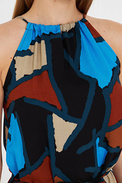 armonika Kadın Mavi Boyundan Bağlamalı Beli Kuşaklı Eteği Fırfırlı Elbise ARM-23Y001112