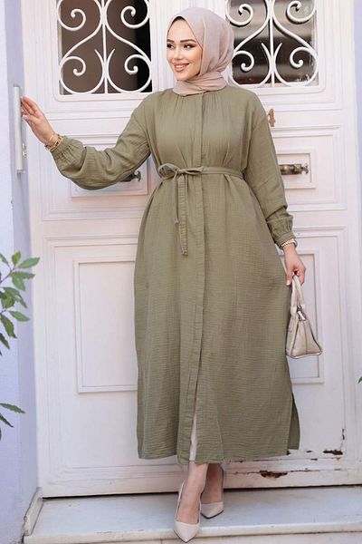 N.S NEVA STYLE Buttoned Light Khaki Hijab Tunic 19045Ahk