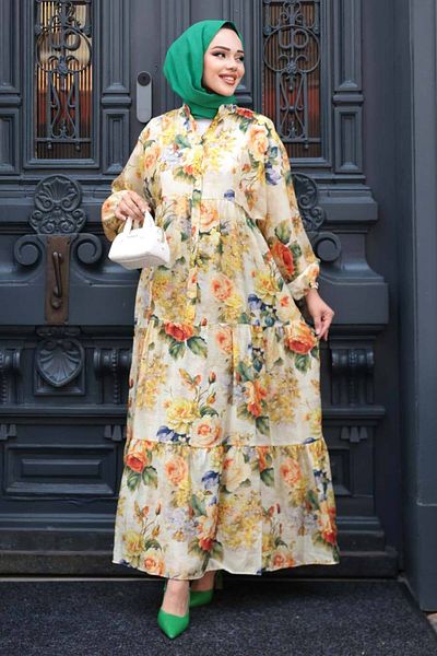N.S NEVA STYLE Patterned Mustard Hijab Dress 710513Hr