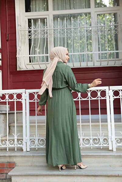 N.S NEVA STYLE Ζώνη Χακί Φόρεμα Hijab 7238HK
