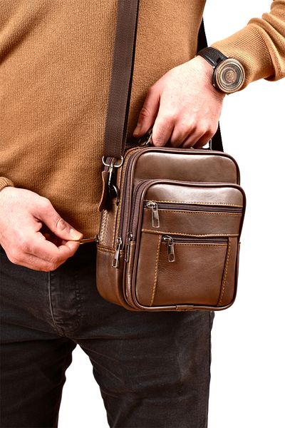 CüzCan Men's Brown Steel Case Genuine Leather Hand and Shoulder Bag Medium Size