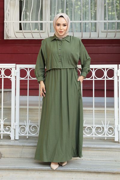 N.S NEVA STYLE Khaki Hijab Dress with Sweater Detail 7253Hk