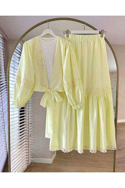 N.S NEVA STYLE Lace Detailed Yellow Hijab Skirt Double Set 40201Sr