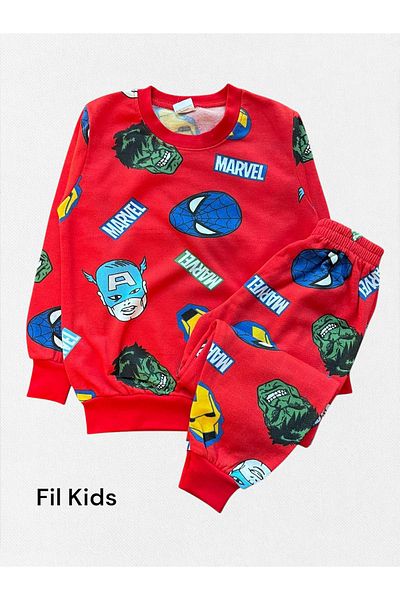 elmas kids Boys' Cotton Red Color Heroes World Patterned Hooded Long Sleeve Winter Pajama Set