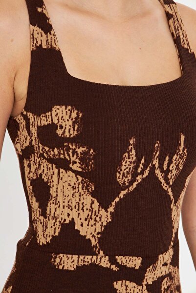 armonika Γυναικείο Μίνι Φόρεμα Καφέ-Μπεζ Τετράγωνο Γιακά Στενό Σορτς ARM-25Y001095