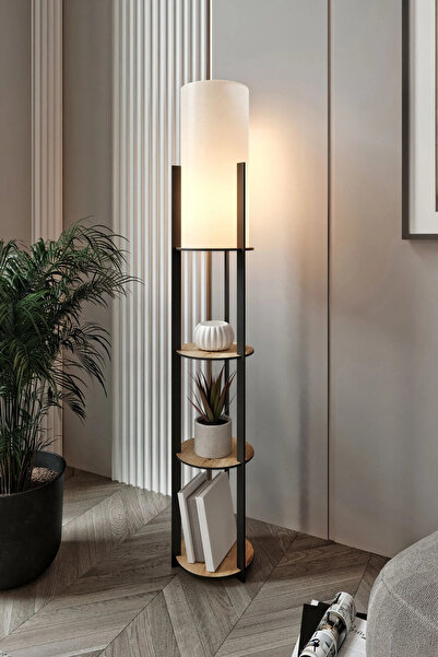 RAVILO Radiante Yuvarlak Raflı Lambader Meşe, 1. Sınıf MDF ve PVC Başlık