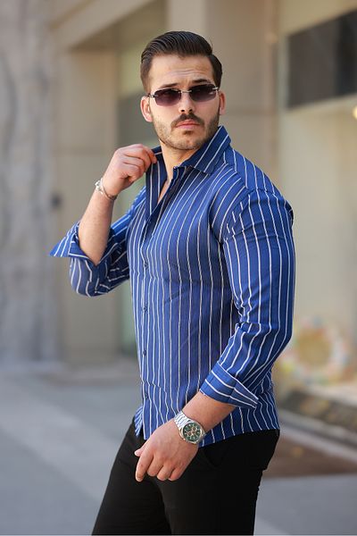 COMBİNE MİCHAİL Men's Casual Striped Summer Navy Loose Shirt