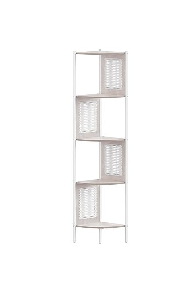 VASAGLE Boho Corner Shelf, Metal Frame, MDF Shelves and Poly Rattan Panels, 32x32x156cm, White
