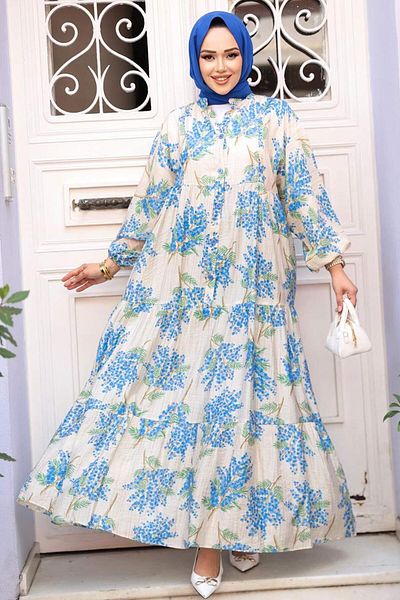 N.S NEVA STYLE Rochie Hijab Albastră cu Motiv 710502M