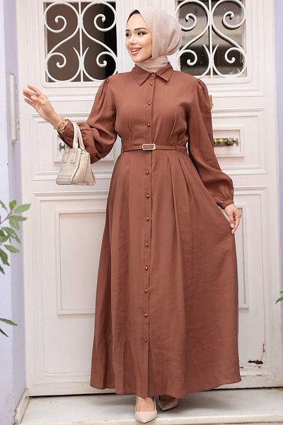 N.S NEVA STYLE Buttoned Chocolate Hijab Dress 19044Ck