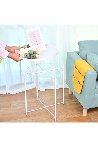 awwaline Round Coffee Table with Two Levels, Metal, White, 42 x 52 cm