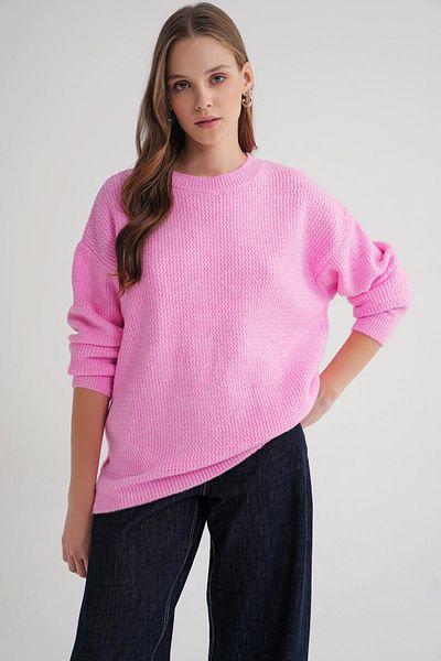Mixray 6949 Women's Crew Neck Thin Knitted Sweater Pink