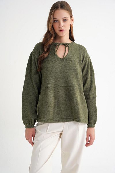 Mixray 6950 Women's Collar Lace-Up Pleated Knitwear Sweater Khaki