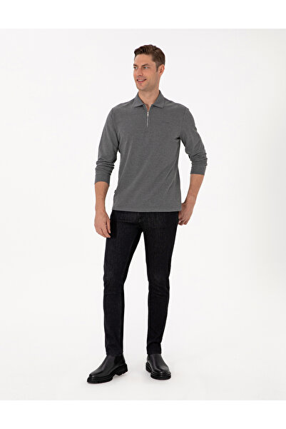 Pierre Cardin Antrasit Melanj Slim Fit Kıvrılmaz Fermuarlı Polo Yaka Basic Pike Sweatshirt 50314046-VR081