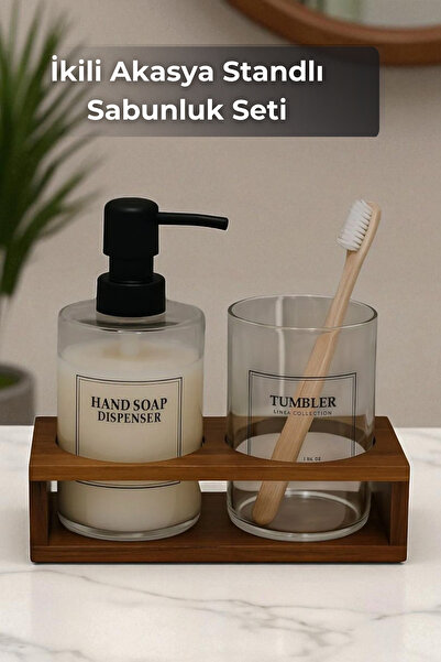 Sevinse Home Set de dozatoare de săpun cu suport dublu din salcâm