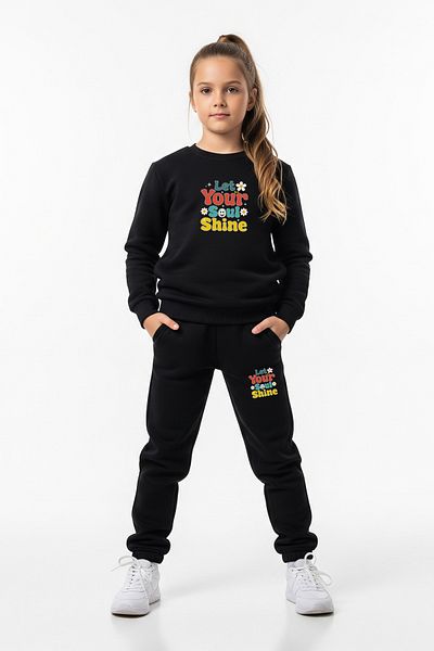 FYK KİDS Plain Round Neck Your Shi̇ne Text Printed Girl's Tracksuit Set