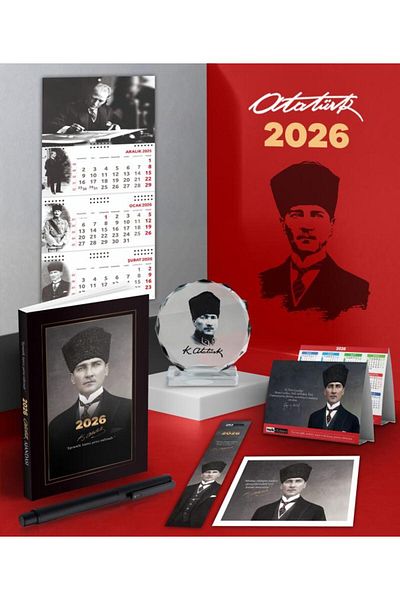 Mor kelebek 2026 Atatürk with a Hat Agenda - Signature Wall Calendar - Desk Calendar - Pen and Crystal Portrait