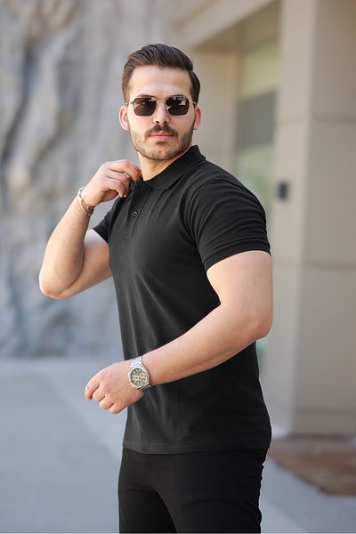 COMBİNE MİCHAİL Men's Basic Short Sleeve Black Polo Neck T-Shirt
