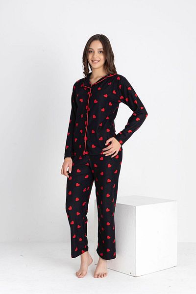 ALİŞ KİDS Women's Cotton Suede Fabric Black Red Heart Patterned Shirt Collar Buttoned Pajama Set