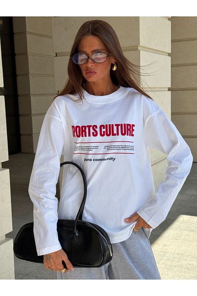 sole stories Passion Women's 100% Cotton Crew Neck Oversize Fit Long Sleeve White T-Shirt